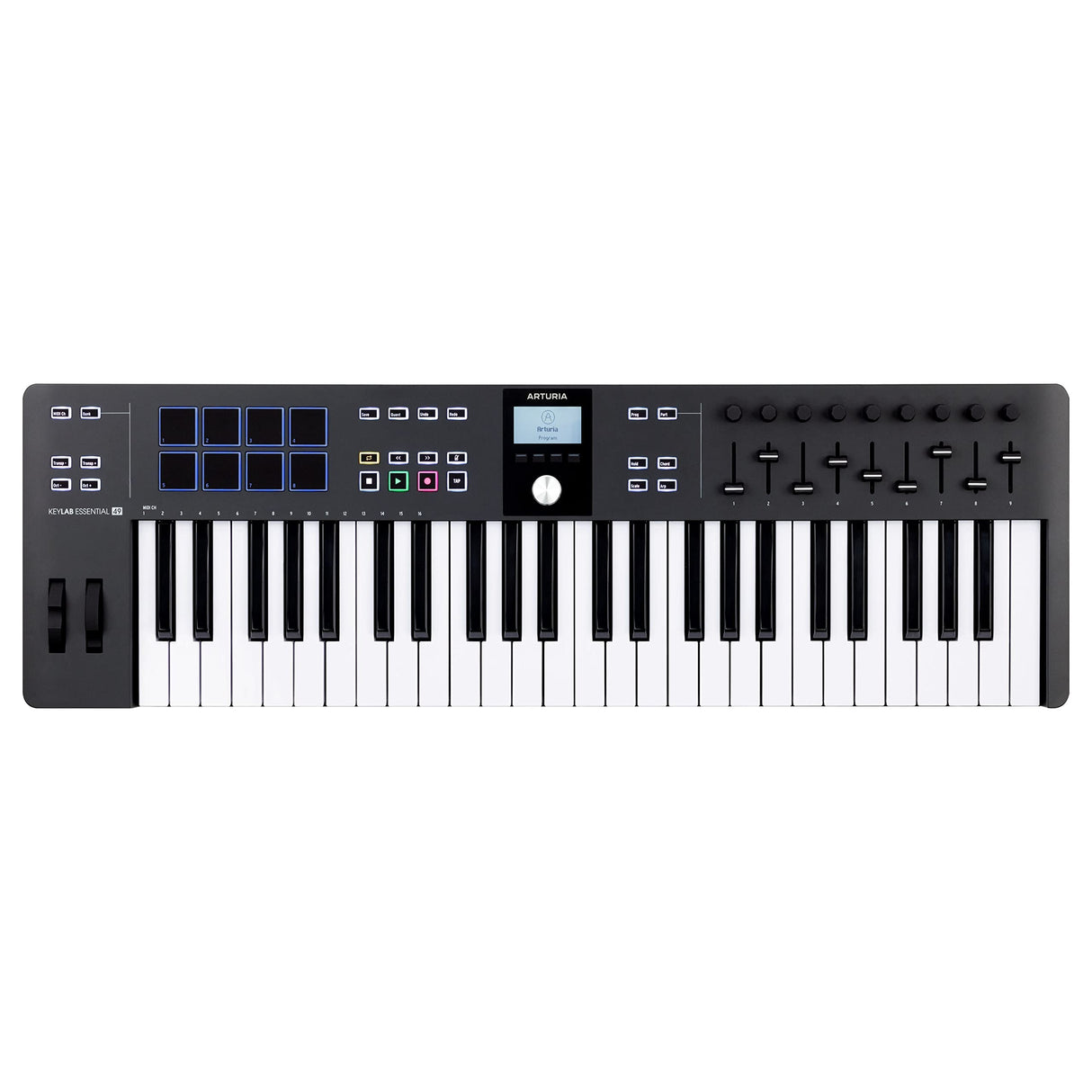 Arturia - KeyLab Essential 49 mk3 - Controlador MIDI de Teclado para Producción Musical - 49 Teclas, 9 Codificadores, 9 Faders, 1 Rueda de Modulación, 1 Rueda Pitch Bend, 8 Pads - Negro