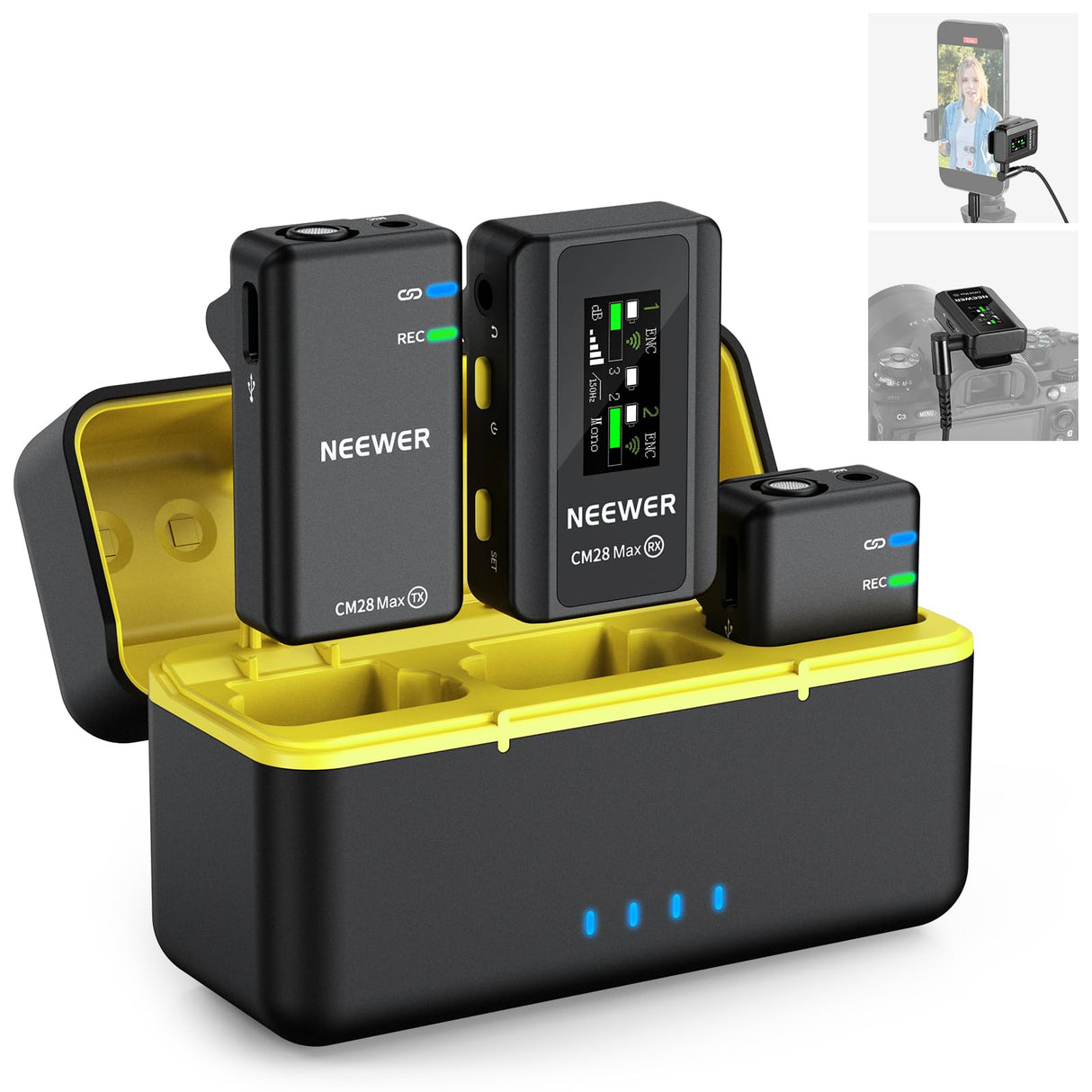 NEEWER CM28 Ultra Inalámbrico Lavalier Solapa Micrófono Sistema Estuche Carga Sin Comprimir 48KHz 24Bit 8GB Almacenamiento Grabación 14H Cancelar Ruido Mini Mic para iPhone iPad Android Cámara PC