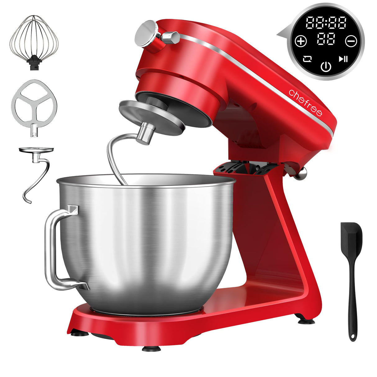 CHEFREE Batidora Amasadora Multifunción 1800W, 10 Velocidades de Rotación Planetaria, Robot Cocina con Bol de 7L, Gancho de Repostería, Batidor, Mezclador, Cuerpo de Metal, Rojo, M500