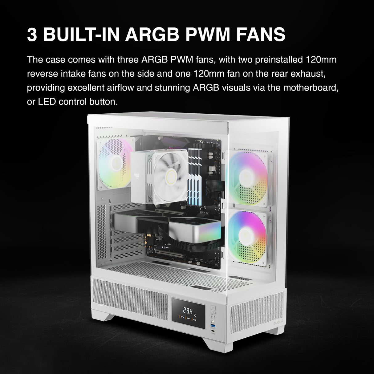 GAMDIAS Atlas M1 WH Gaming ATX Mid Tower - Carcasa para computadora de computadora de Torre Media, Monitor Personalizado con Software, Ventiladores ARGB PWM de 3 x 120 mm (2 entradas), Pantalla