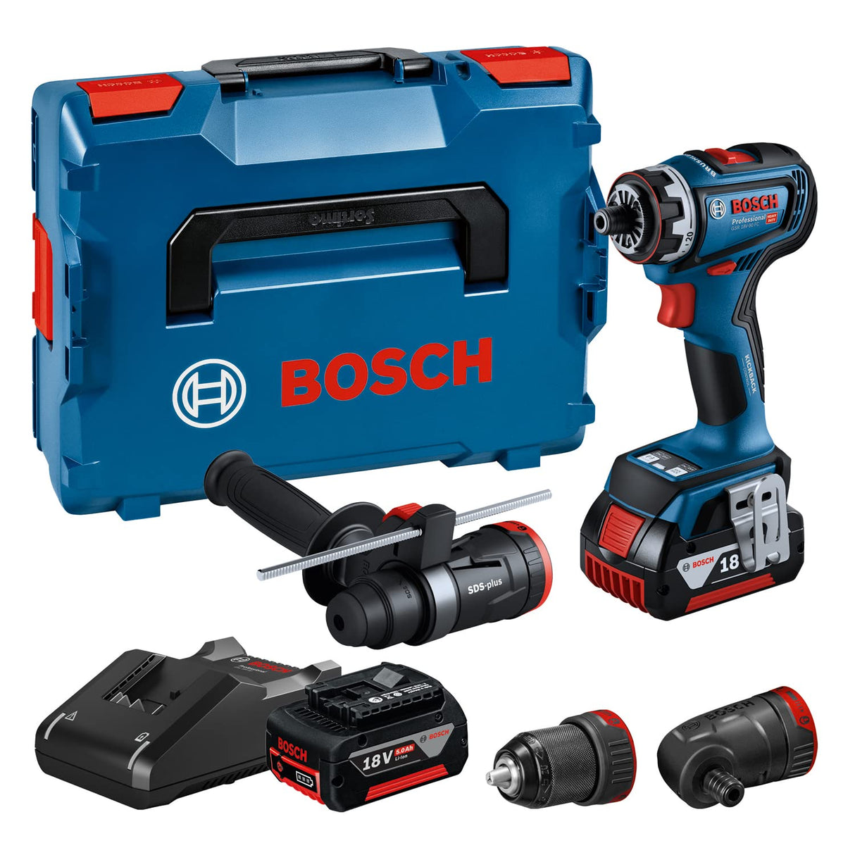 Bosch Professional 18V System GSR 18V-90 FC - Atornillador a batería (Brushless, 64 Nm, 3 cabezales FlexiClick, 2 baterías x 5.0 Ah, en L-BOXX)