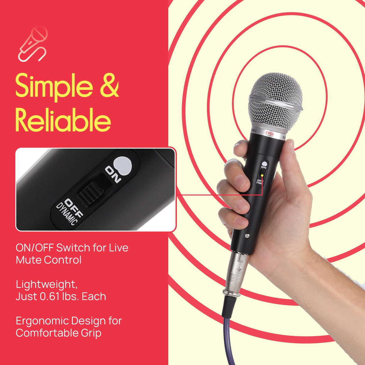 Pyle Kit de micrófono dinámico profesional de 3 piezas, micrófono de mano vocal unidireccional cardioide con funda de transporte rígida y bolsa, soporte/clip y cable de audio XLR de 26 pies a conexión