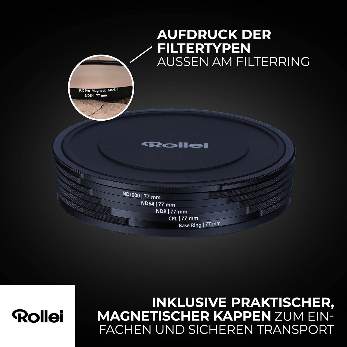 Rollei F:X Pro - Juego de filtros Redondos magnéticos ND Mark II en 62 mm. Juego de filtros magnéticos Rollei Compuesto de CPL, ND8, ND64, ND1000 y Anillo Base magnético, Ideal para la exposición
