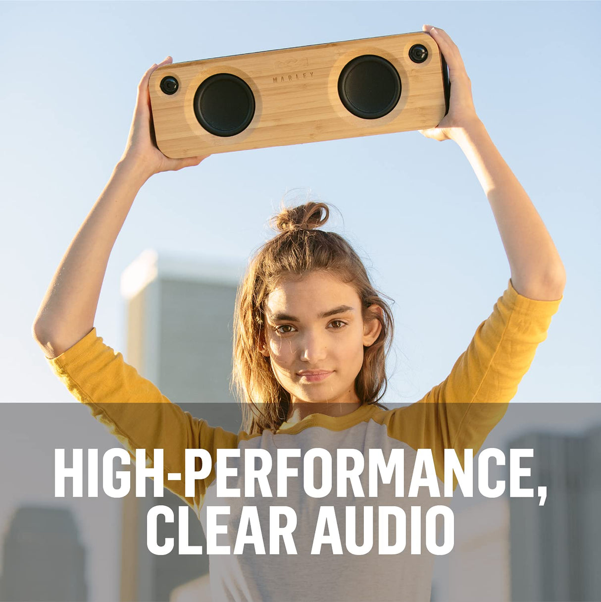 Marley Get Together Altavoz Portátil con Bluetooth - Parlante Inalámbrico con Entrada Auxiliar, USB, Woofers, Materiales Sustentables, Bambú, Tela REWIND, Aluminio Reciclado – Negro