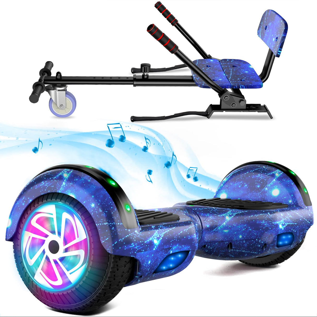 SISIGAD Hoverboard 6.5 inch with Hoverkart for children, self-balancing Eclectic Scooter easy to control, non-slip, LED lights, Bluetooth speaker