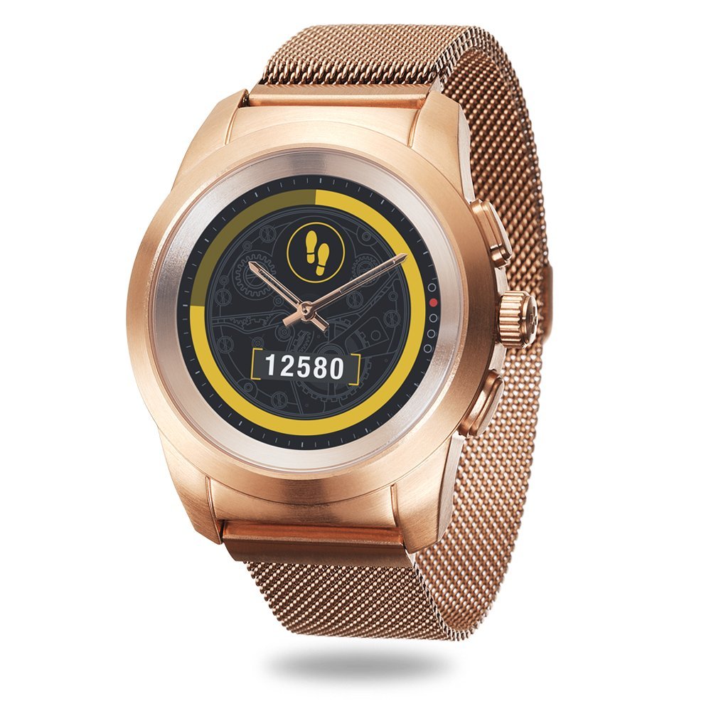 MyKronoz ZeTime Elite Reloj Inteligente híbrido 44mm con Agujas mecánicas sobre una Pantalla a Color táctil – Regular Cepillado Oro Rosa/Milanese