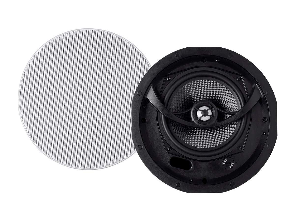 Monoprice Alpha - Altavoces de Techo de 2 vías – 6.5 Pulgadas (par) de Fibra de Carbono, Rejilla magnética pintable, más Fuerte con Menos Potencia, Negro/Blanco