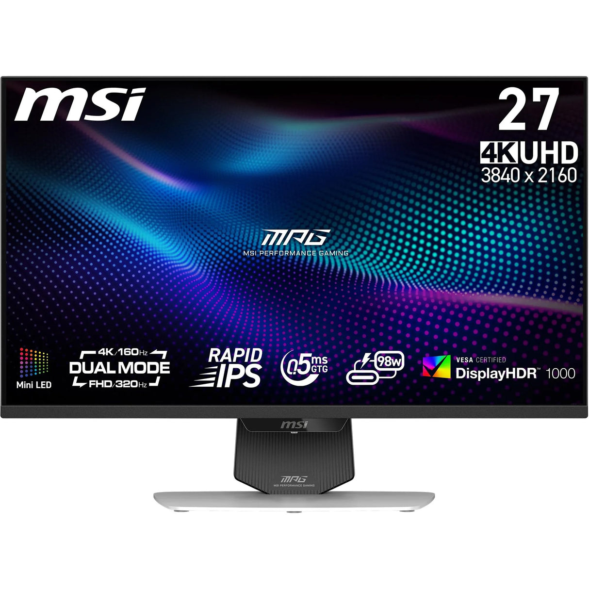 MSI MPG 274URDFW E16M Monitor gaming 4K UHD de 27 pulgadas, 3840x2160 IPS rápido, 0,5 ms, DisplayHDR 1000, Mini-LED, Modo dual, HDMI 2.1, DP 1.4a, USB C 98WPD, Ajustable en inclinación, altura, Blanco