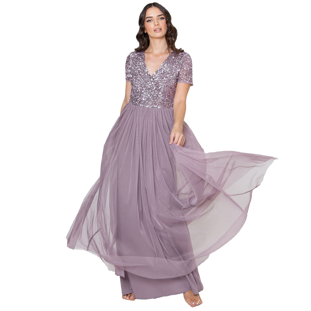 Maya Deluxe Women's V Neckline Embellished V Neck Maxi Dress Short Sleeve Empire Waist Prom Graduation Bridesmaid Wedding Guest Vestido de Dama de Honor, Moody Lilac, 28 para Mujer