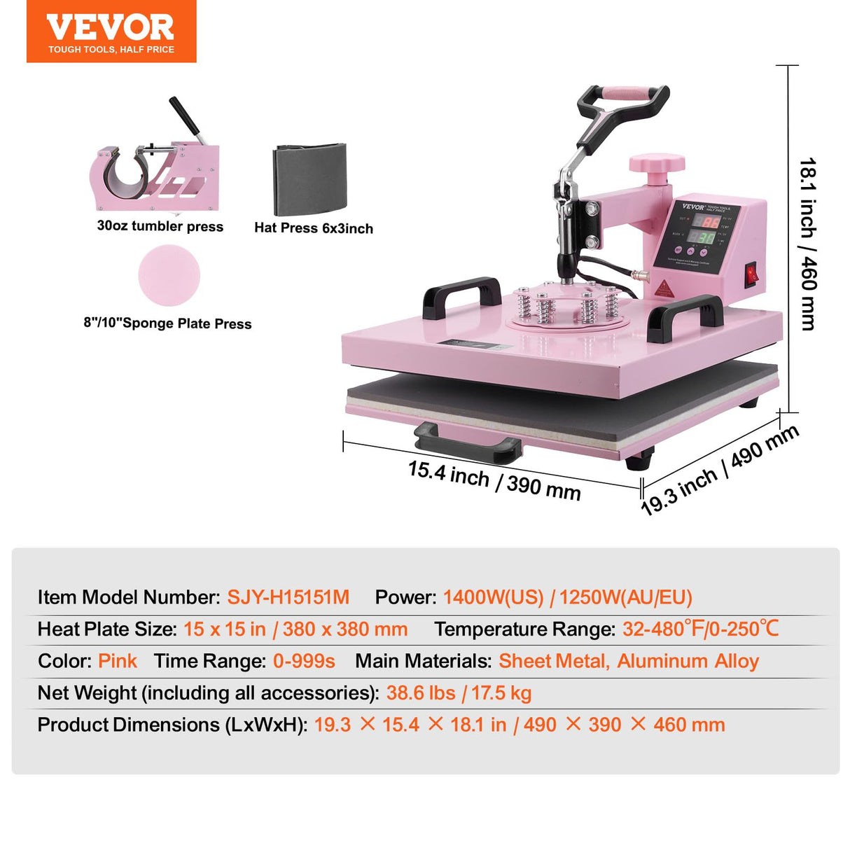VEVOR 5 en 1 Máquina de Prensado por Calor con Prensa de Vaso de 887ml, 380 x 380 mm, Prensa Térmico con Giro de 360° y Control Digital Preciso para Camisetas, Tazas, Sombreros y Platos, Rosa
