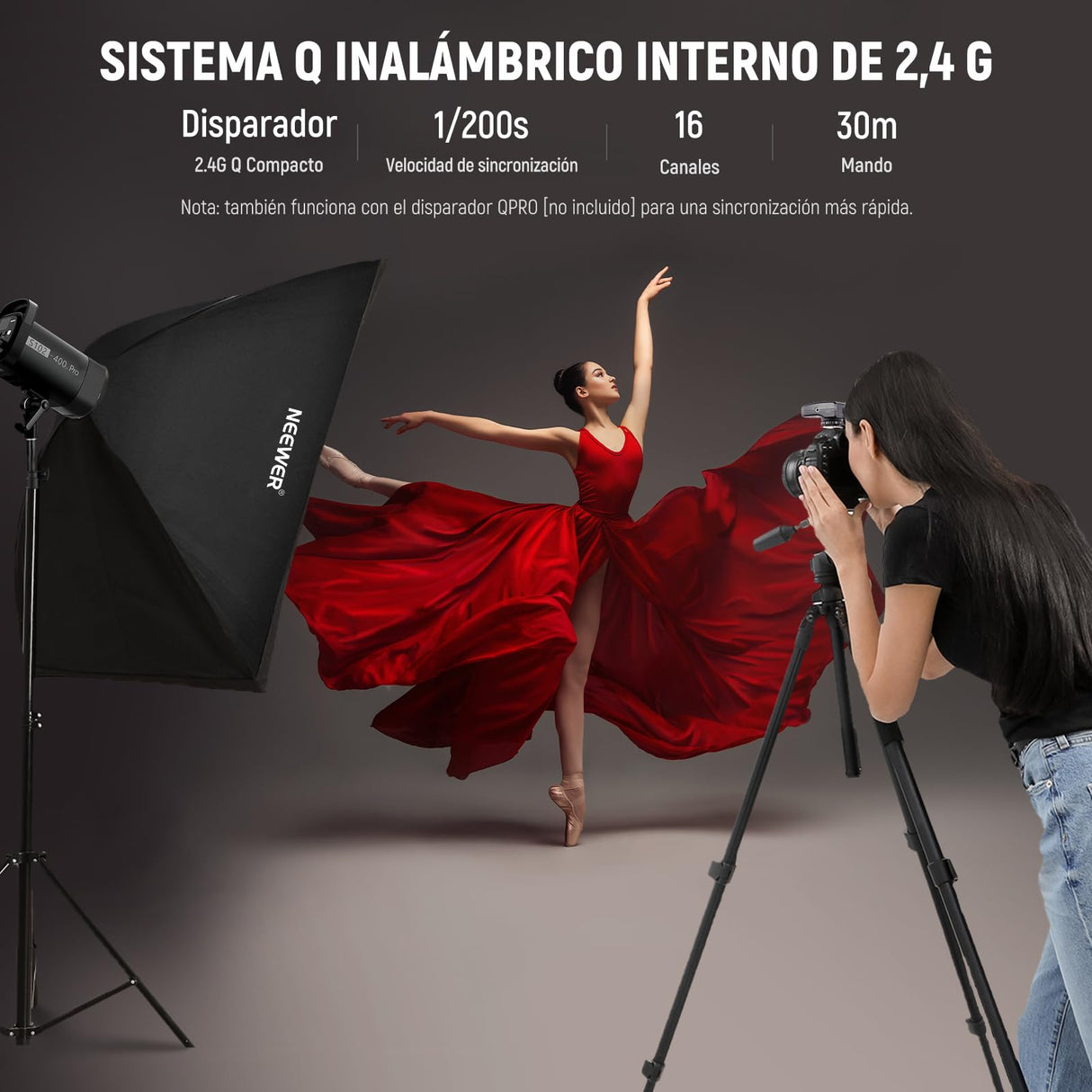 NEEWER S102-400W Pro Fash Luz Strobe con Disparador 2,4G, 400Ws GN62 5600K con 30W Lámpara de Modelar LED Reflector Montaje Bowens Modo S1/S2 Ventilador para Fotografía Productos,Compatible con QPRO