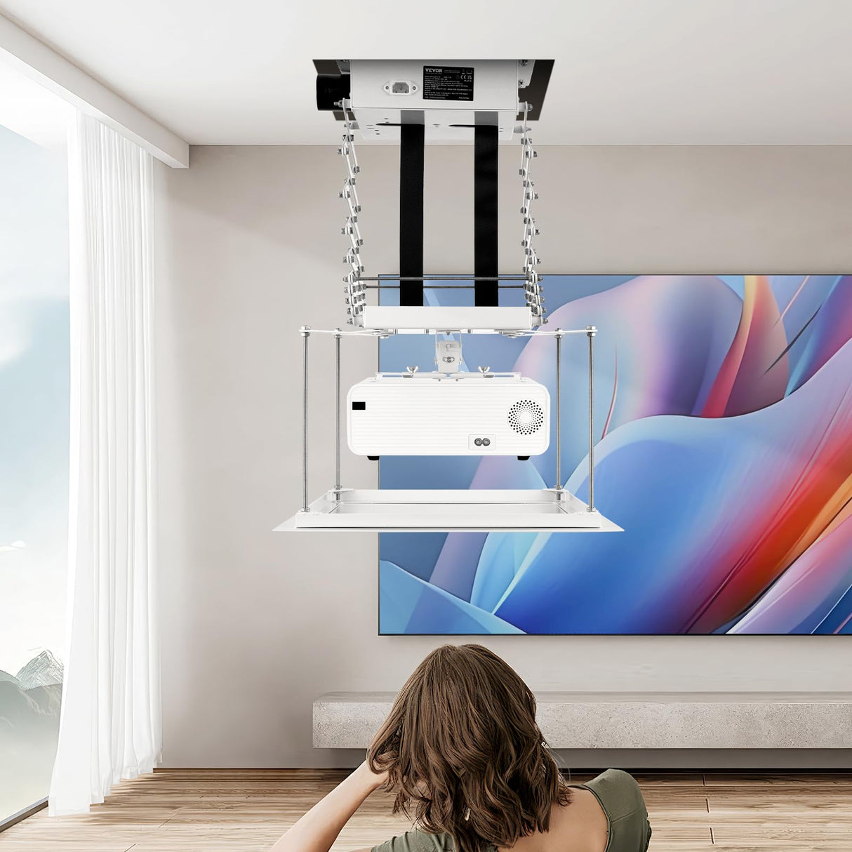 VEVOR Elevador de Proyector Motorizado Elevador de Proyector Eléctrico de Altura Ajustable de 1,5 m, Soporte de Techo para Proyector Oculto con Control Remoto y con Cable para Hogar, Oficina, Blanco
