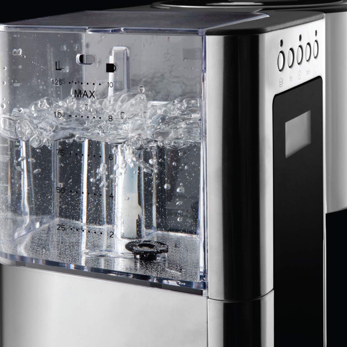Russell Hobbs Cafetera de Goteo Elegance - Diseño de Cristal, Capacidad de 1,25L, Soporte de Filtro Extraíble, Tecnología Rociado Avanzada, Programable, Función Autolimpieza, Plata y Negro - 23370-56