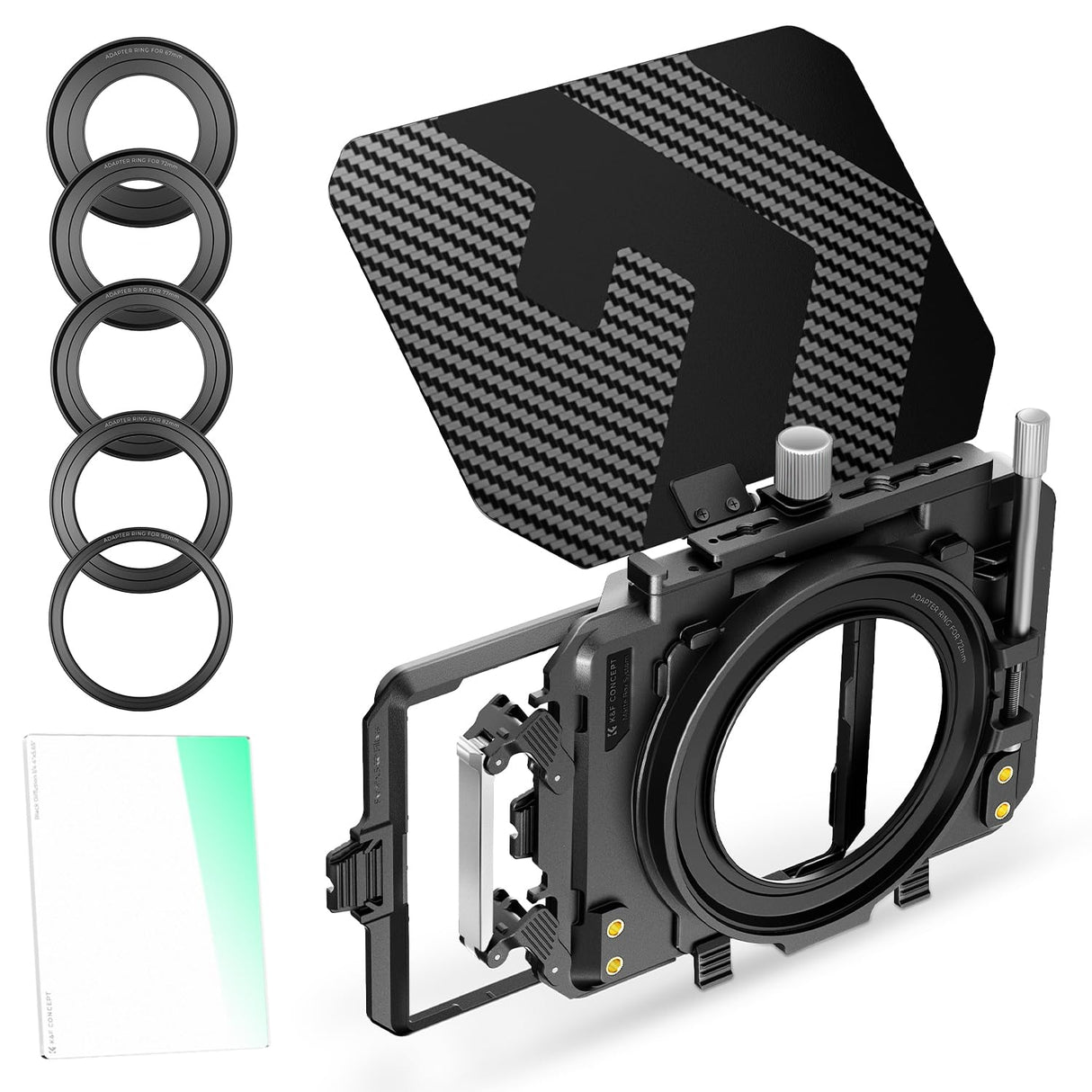 K&F CONCEPT Mini Matte Box con Black-Mist 1/4 Cine Filtro 4" x 5,65", con 2 Bandejas de Filtro de 4" x 5,65" para Cámaras DSLR Mirrorless con 5 Adaptadores de Anillo Circular (67/72/77/82/95mm)