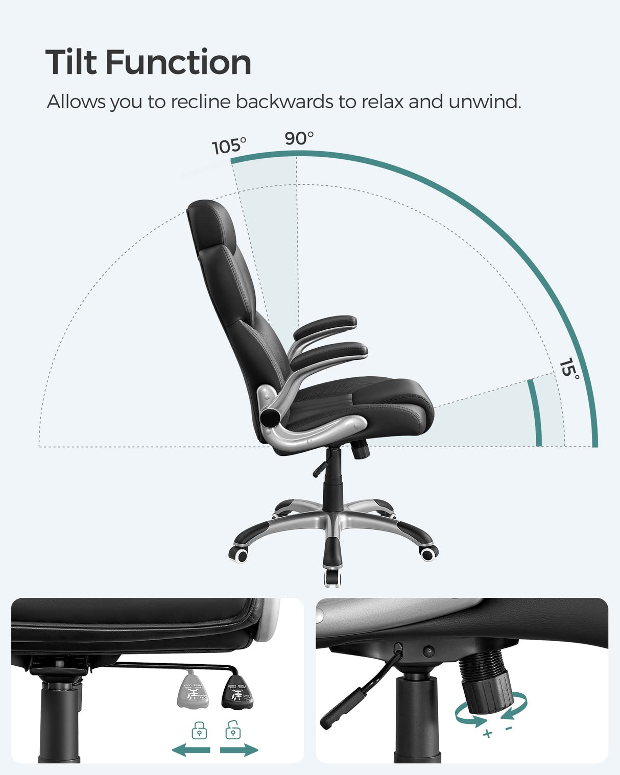 SONGMICS Silla de Oficina, Silla Gaming Ergonómica, Mecanismo de Inclinación, Apoyabrazos Plegables, Ruedas Universales, Altura Ajustable, Silla Racing, Negro Tinta OBG65BK