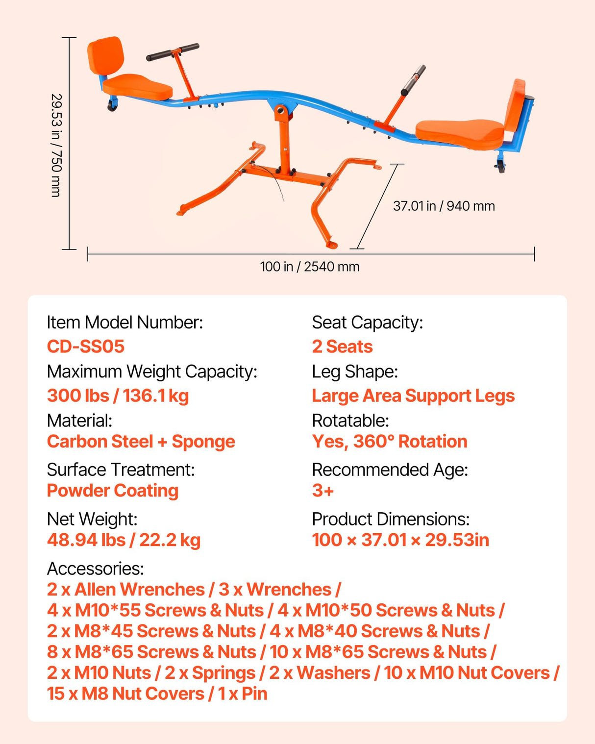 VEVOR- Balancín Infantil, Color Naranja Azul (Seesaw, 300 lbs Load)