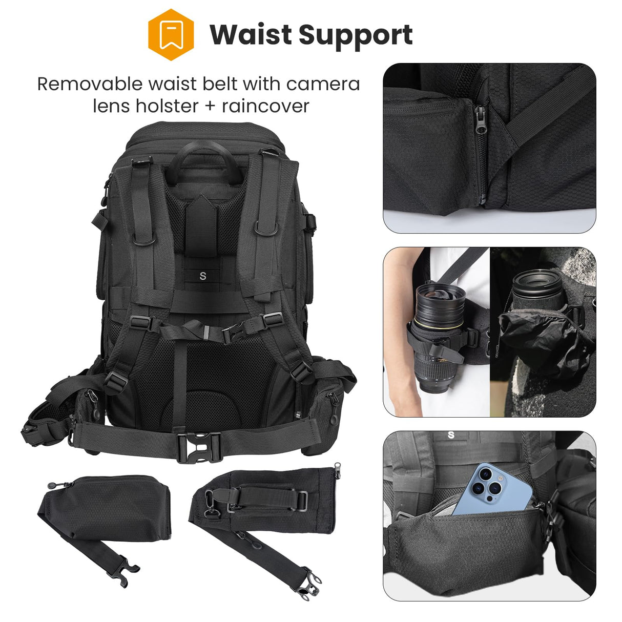 TARION Mochila para cámara Mochila impermeable para cámara Mochila para cámara Mochila grande para fotografía Acceso lateral con compartimento para computadora portátil de 15,6''