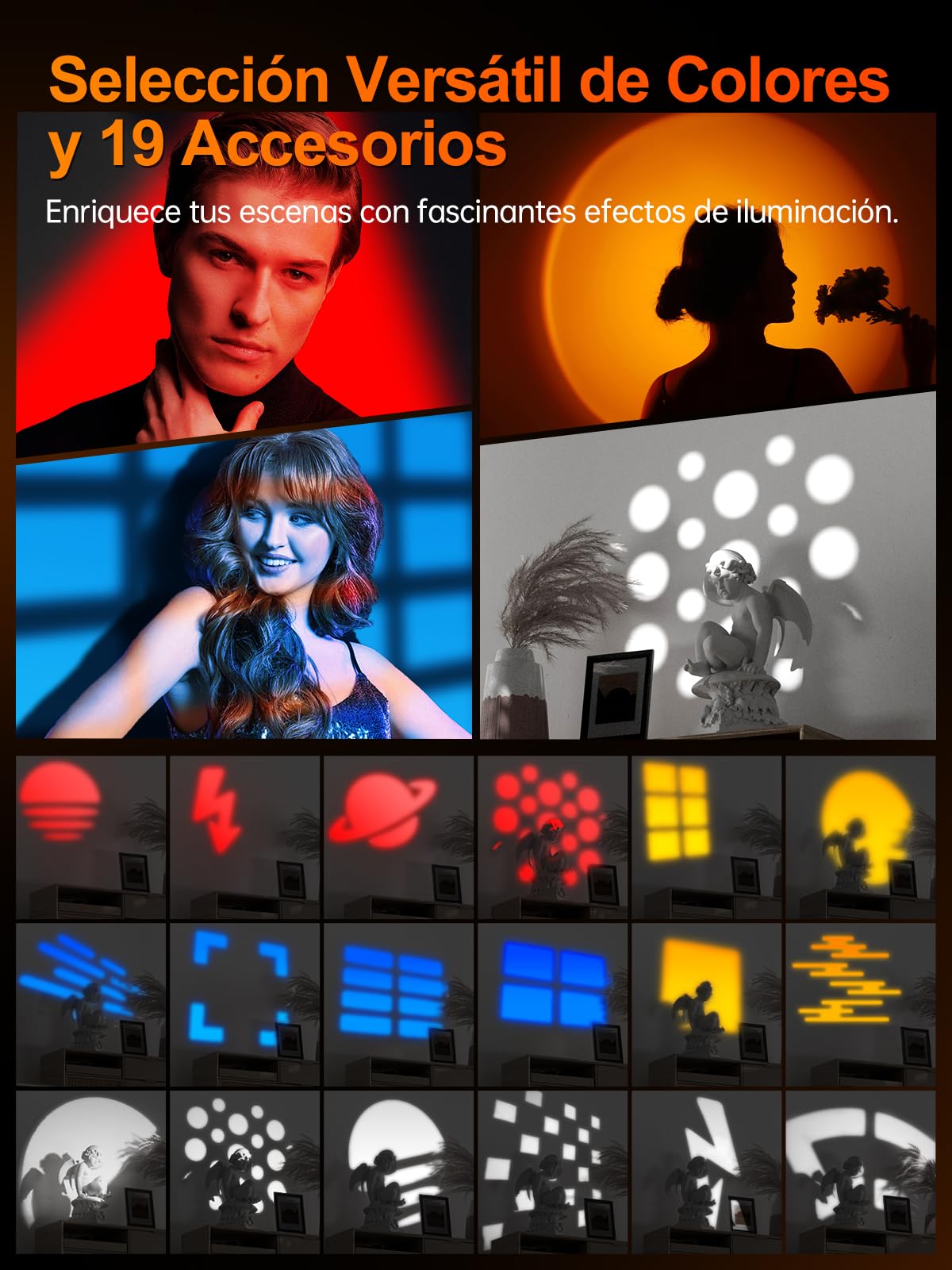 Antorcha LED Video, Rollei Photoolex GOBO Light de 4 Colores y 19 Accesorios para Efectos de Iluminación Creativo, Foco Fotografía con Batería 8400 mAh Difusor Incluido, Luz-Video-Foco-RGB-Fotografía