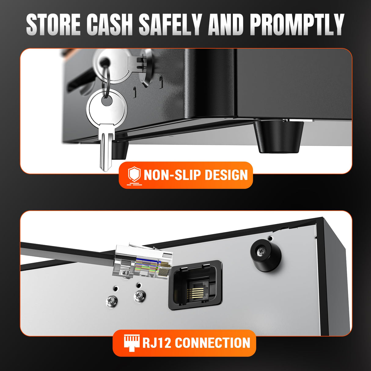 Tera Cajón Portamonedas Automático 16 Pulgadas para POS: 5 Compartimentos para Billetes, 8 para Monedas, Bandeja Extraíble, Cerradura con Llave, Microinterruptor, Negro para Tienda y Caja 405R