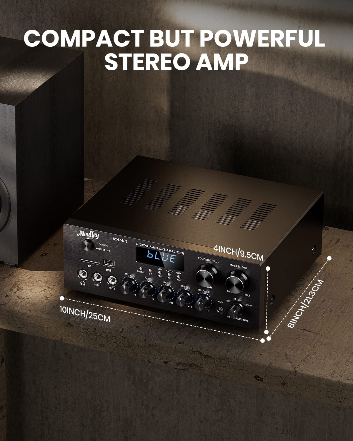 Moukey Receptor de Amplificador de Audio Estéreo de 2 Canales, Bluetooth Amplificador Audio 200W con USB, SD, AUX, RCA, Mic in con Echo, Radio, LED para Casa Altavoz, MAMP1