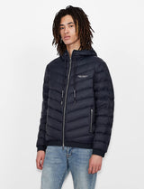 Armani Exchange Chaqueta Acolchada con Capucha y Cremallera, Logotipo de Milano/New York, Azul Marino/Gris Jaspeado, L para Hombre