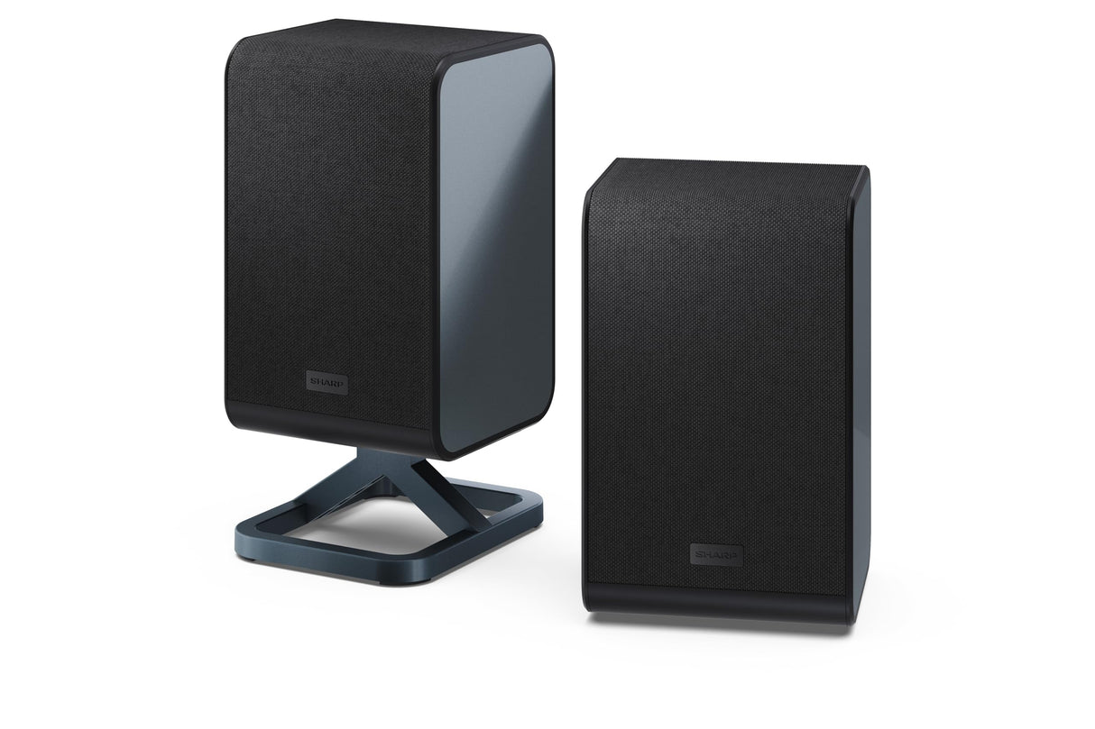 Sharp HT-SPR52021(BK) Pareja de Altavoces Traseros inalámbricos 1.0.1 para conectar a tu Barra de Sonido Q para Experiencia Mejorada, Sonido Envolvente, Dolby Atmos y DTS:X, P. MAX 200W, Negro