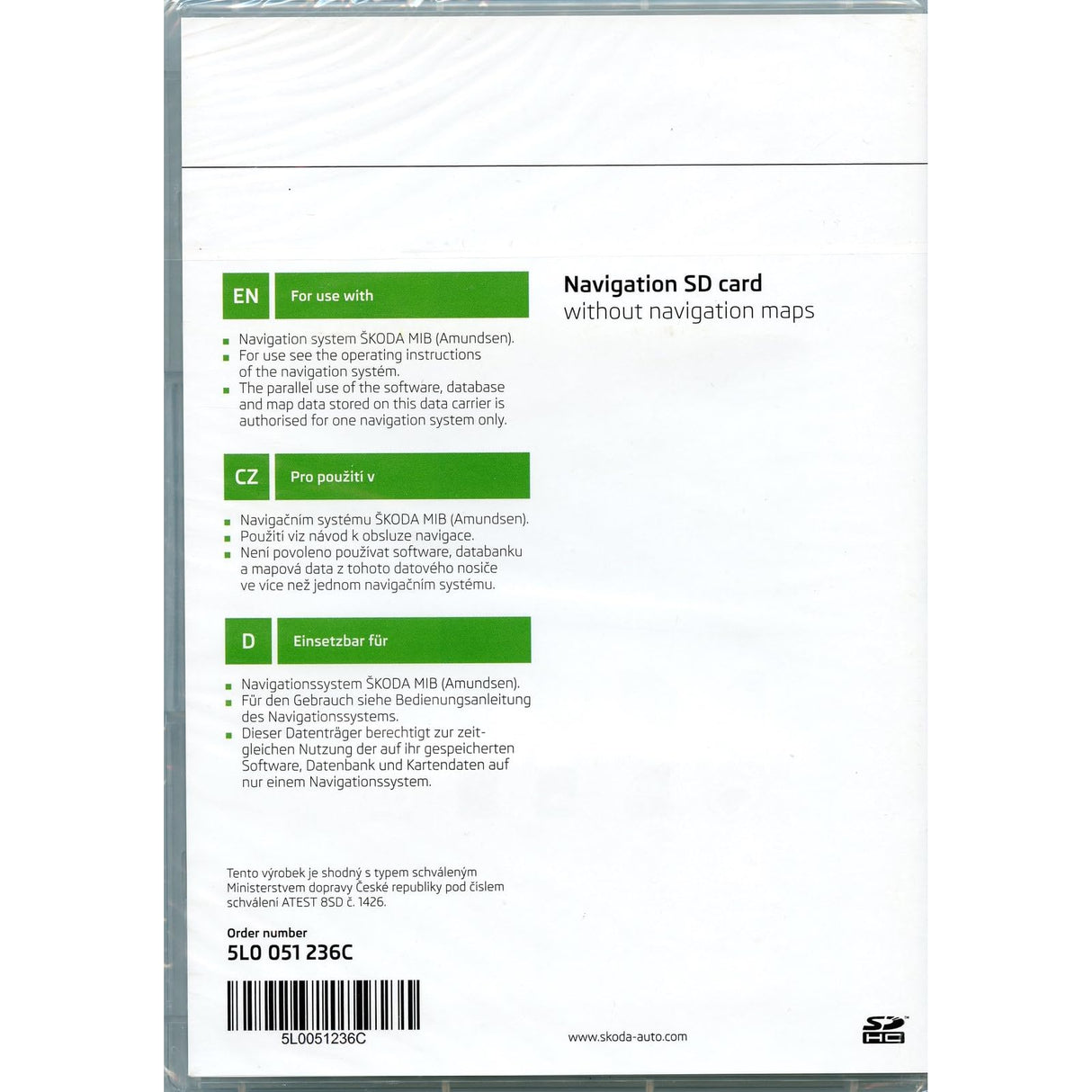 Skoda 5L0051236C - Tarjeta de Memoria SD de 16 GB para navegador MIB1 Amundsen (no Incluye Tarjetas de navegación)