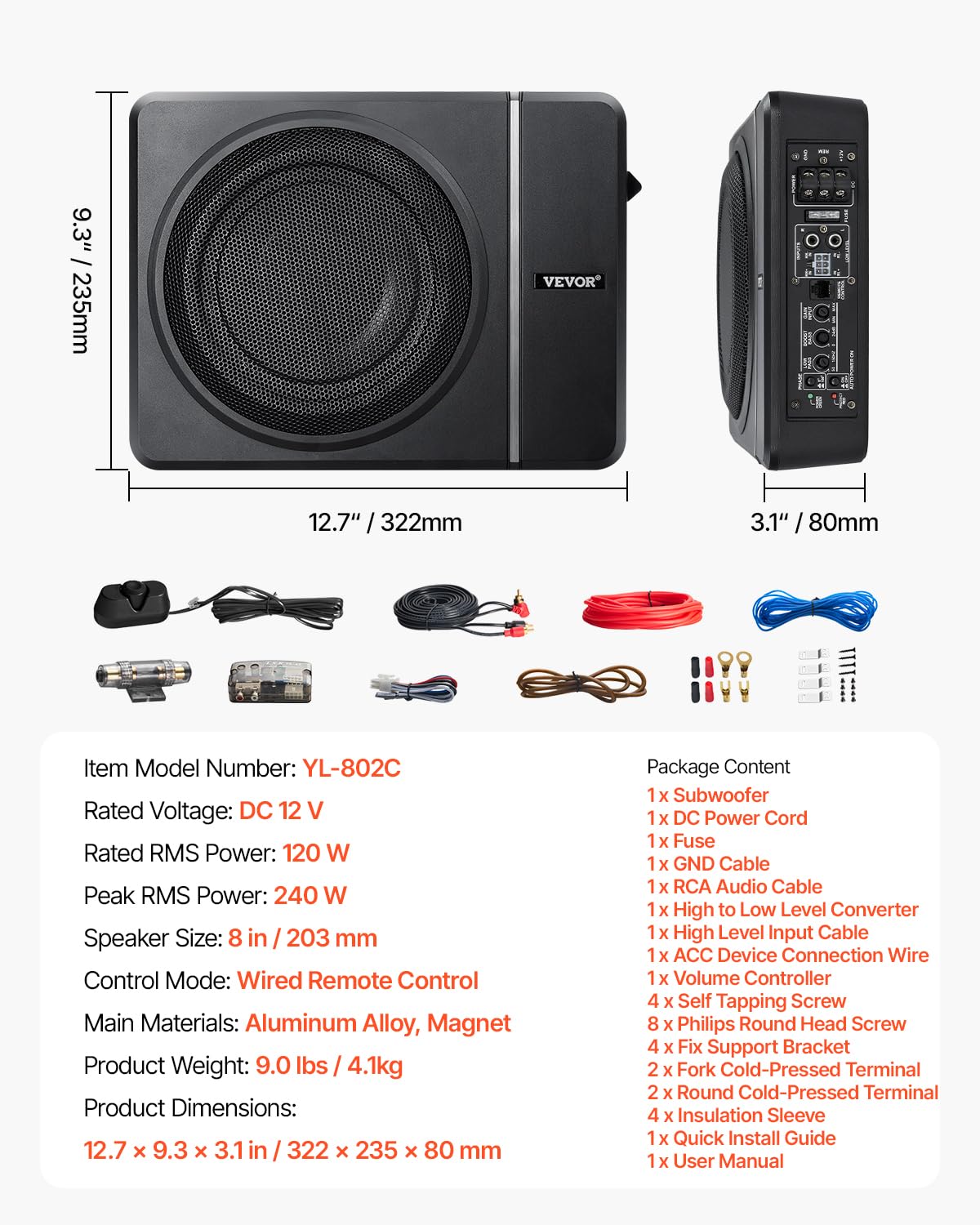 VEVOR Subwoofer para Debajo del Asiento para Automóvil 203 mm 240 W Altavoz Compacto para Coche Amplificador Incorporado Entrada Bajo Controlador de Volumen Control Remoto con Cable
