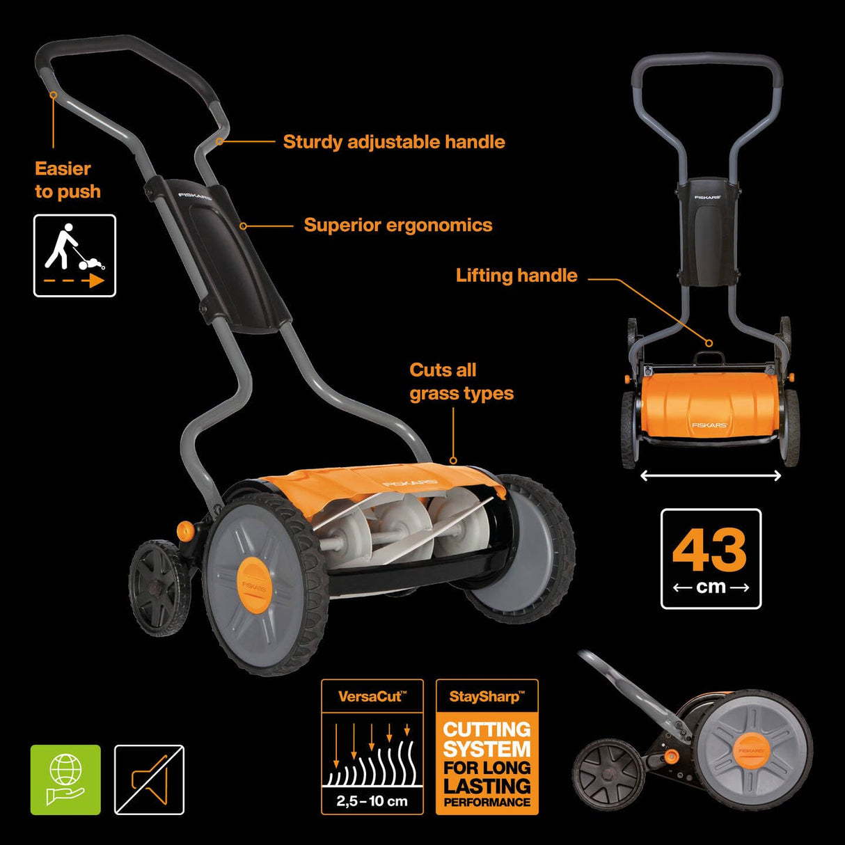 Fiskars Cortacésped manual, Cortacésped cilíndrico con sistema de corte sin fricción de las cuchillas, Largo de corte: 43 cm, StaySharp Plus, Negro/Naranja/Plateado, 1015649