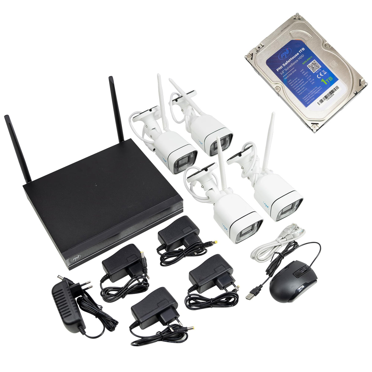 PNI House WiFi660 NVR Paquete de videovigilancia con 4 cámaras inalámbricas, 3MP y PNI SafeHouse 1TB HDD, 3.5 Pulgadas Incluidas