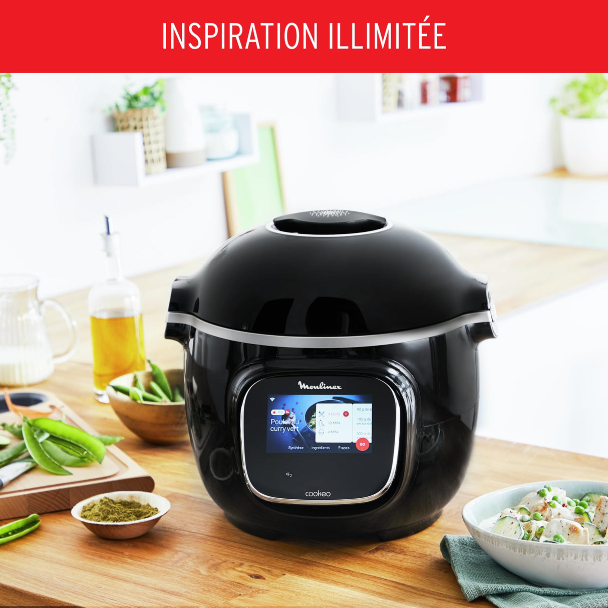 Moulinex Cookeo Touch Wifi - Multicooker inteligente de alta presión + molde para tartas 18 cm, 6 L, pantalla táctil, 250 recetas integradas, aplicación Moulinex YY5297FB, negro