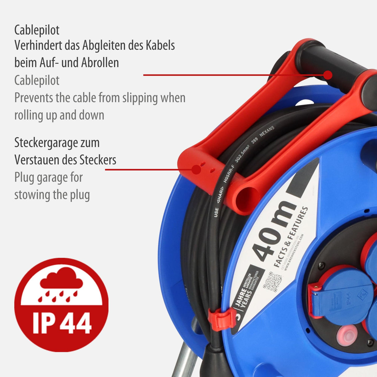 Brennenstuhl Garant enrollacables 40 m de plástico especial IP44 (uso exterior a corto plazo, Made in Germany) azul