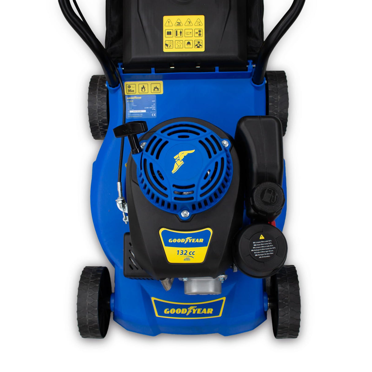 Goodyear - Cortacésped a Gasolina 132cc OHV 4T, 3.35HP, Ancho Corte 39cm, Altura Ajustable 30-66mm, Bolsa 35L, Chasis Plástico, Arranque Manual, Ideal Jardines Medianos