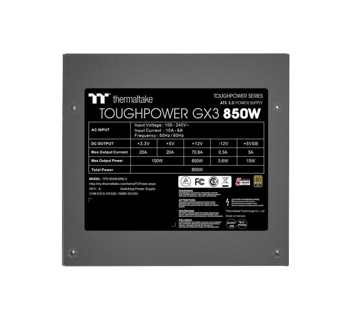 Thermaltake Toughpower GX3 850W | 80Plus Gold | ATX 3.0 | Non modulare