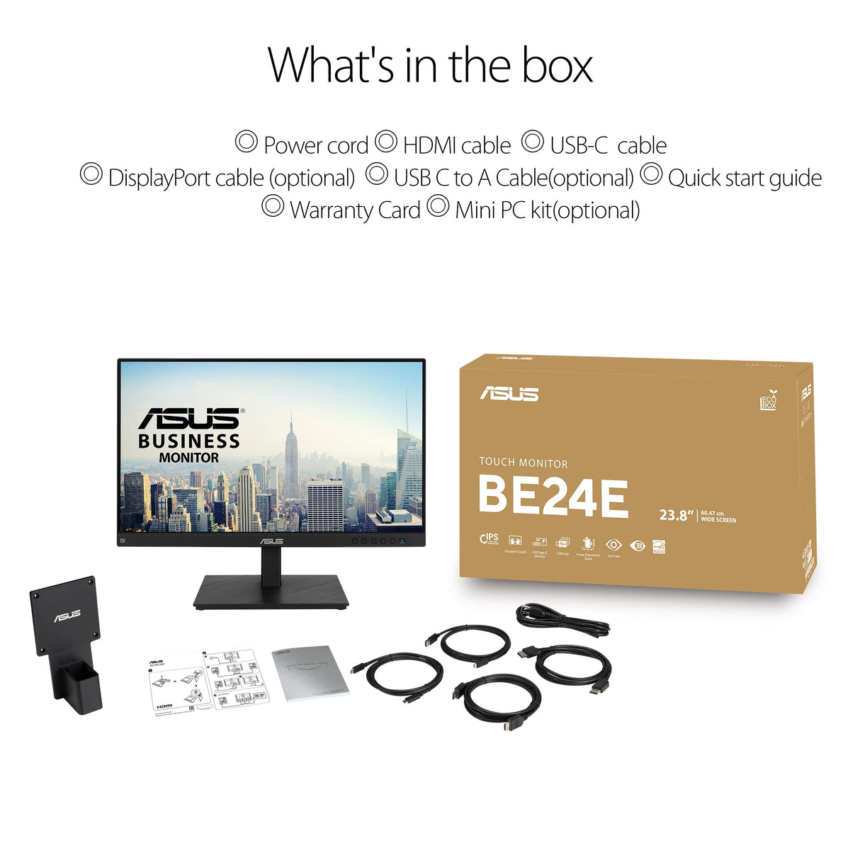 ASUS BE24ECSBT - Monitor Multitáctil de 24 Pulgadas, FHD, Multitáctil de 10 Puntos, IPS, USB-C, HDMI, DisplayPort Daisy Chain, Soporte Ergonómico, Eye Care, Baja Luz Azul, Montable en Pared