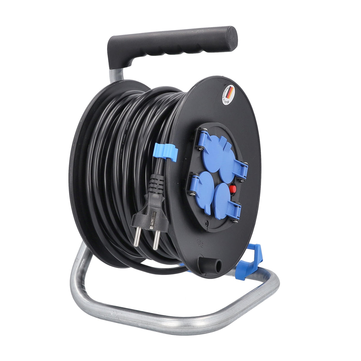 as - Schwabe enrollacables de 25 m H05VV-F 3G1,5-4 tomas con tapas de protección - 230 V / 16 A / 3.500 W - Protección contra sobrecalentamiento - IP20 - Carrete Made in Germany, 10118