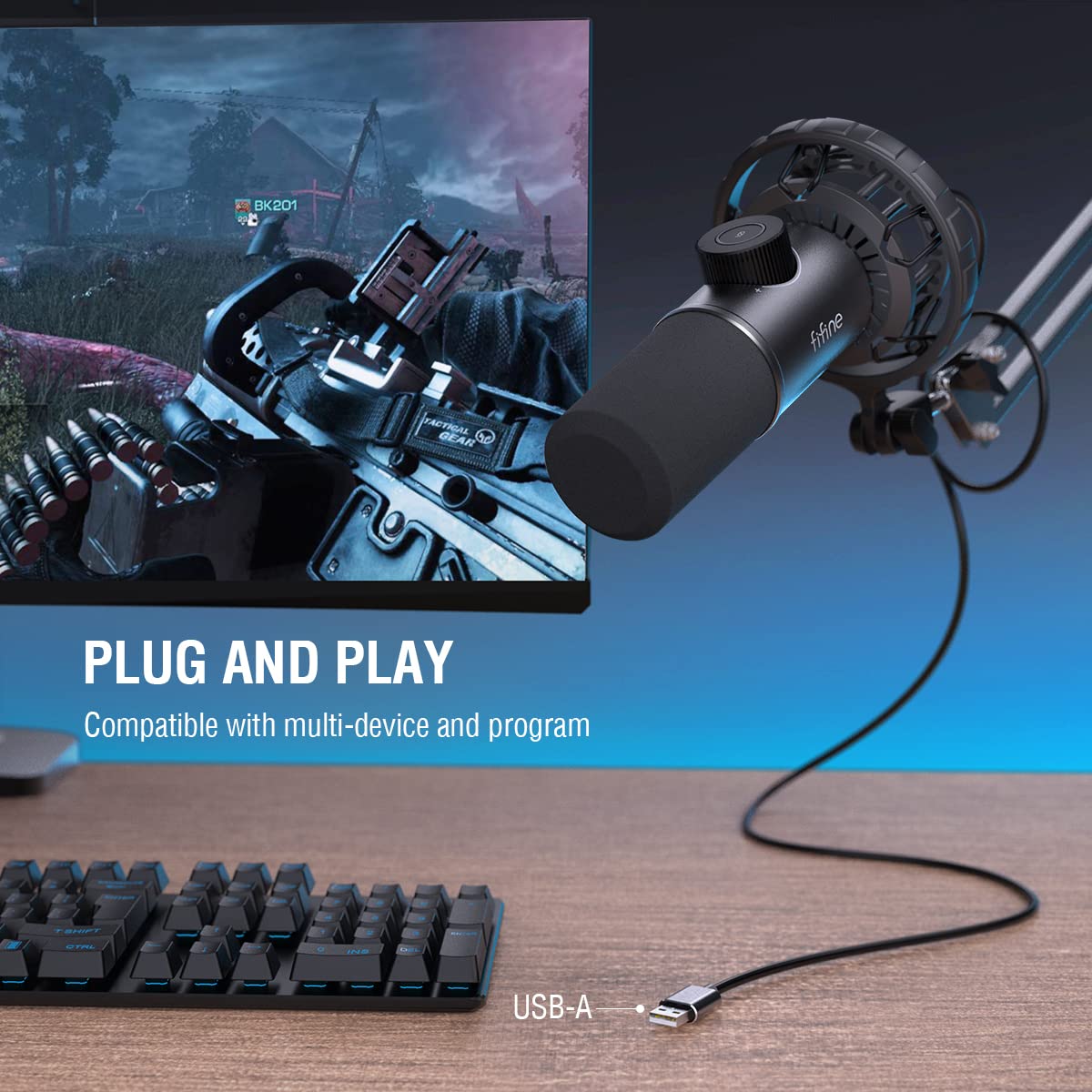 FIFINE Gaming Microfono para PC USB, RGB Micrófono de Dinámicos per Ordenador PS4 PS5, con Botón de Silencio & Conector para Auriculares de 3,5mm, para Podcasting Youtube