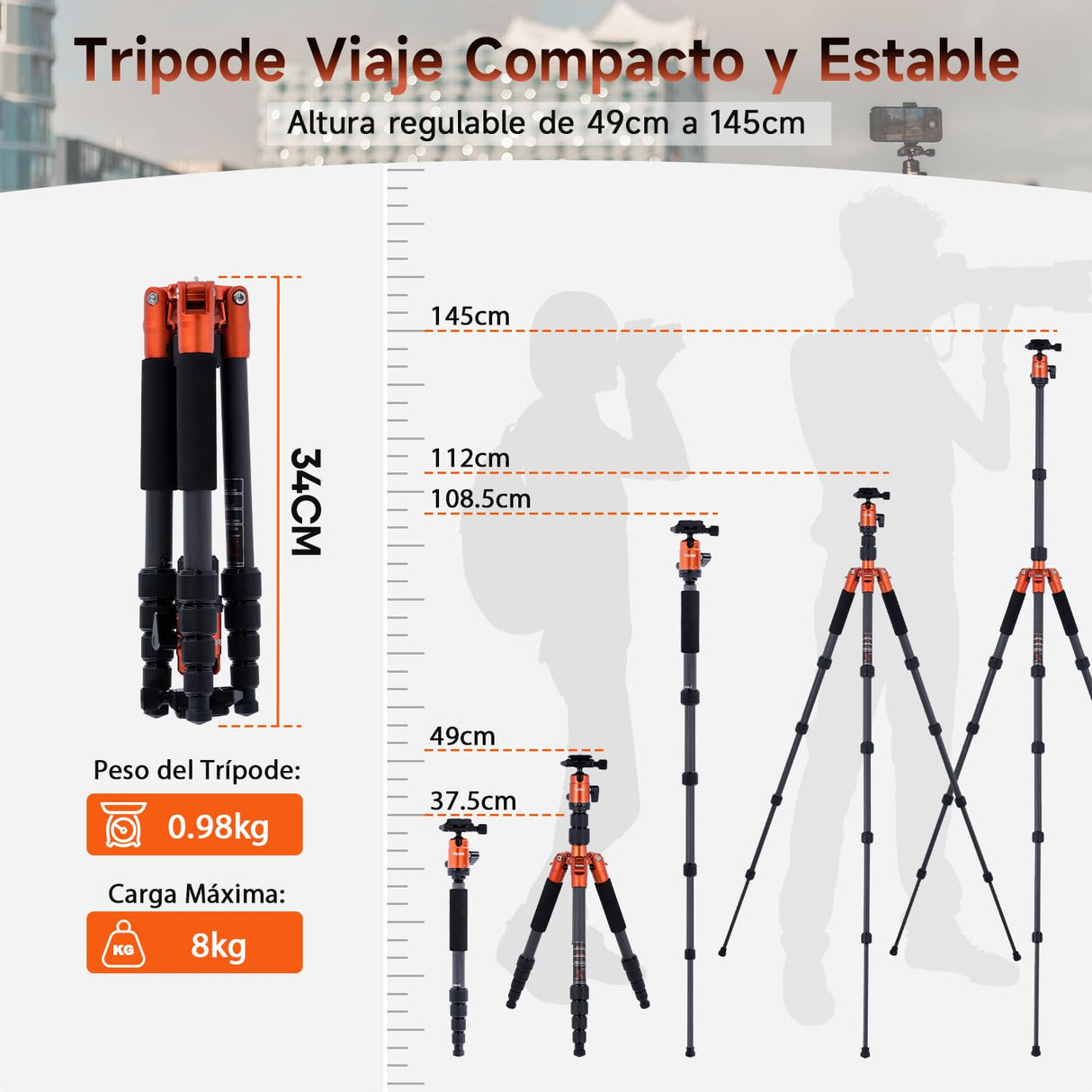 Rollei Tripode Camara Naranja, 145cm Compact Traveler No.1 Carbon Trípode de Viaje Ligero y Portátil con Soporte para Teléfono y Rótula de Bola para Nikon Sony Canon, Trípode-Cámara-Viaje-Tripod
