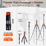 Rollei Tripode Camara Naranja, 145cm Compact Traveler No.1 Carbon Trípode de Viaje Ligero y Portátil con Soporte para Teléfono y Rótula de Bola para Nikon Sony Canon, Trípode-Cámara-Viaje-Tripod