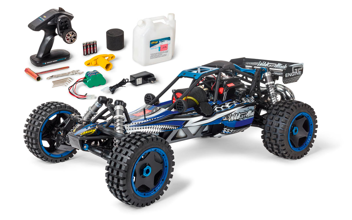 Carson 500304033 1:5 Wild GP Attack 2.4G 100% RTR Azul - RC Motor de combustión, 1,8 CV, 2WD, hasta 65 km/h rápido, componentes Premium, Off-Road, RTR, 2,4 GHz, Coche teledirigido, Azul