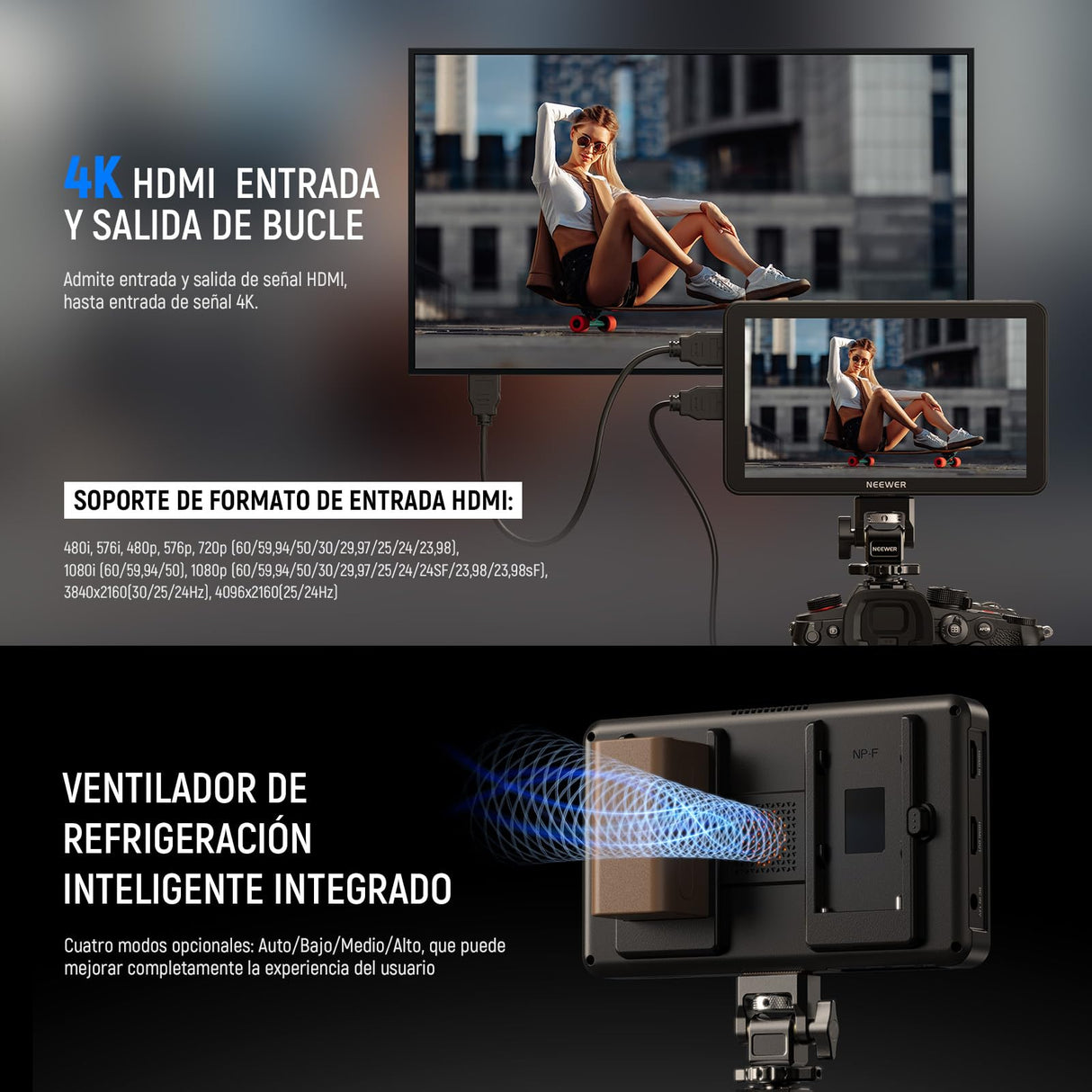NEEWER 7" F700 Monitor Campo Cámara, Pantalla Táctil IPS 2000nit con LUT 3D, Entrada/Salida Bucle HDMI 4K con Peak Focus DSLR Video Assist HDR Waveform, Zapata Fría Mount, 2 Baterías NP-F750 y Cable
