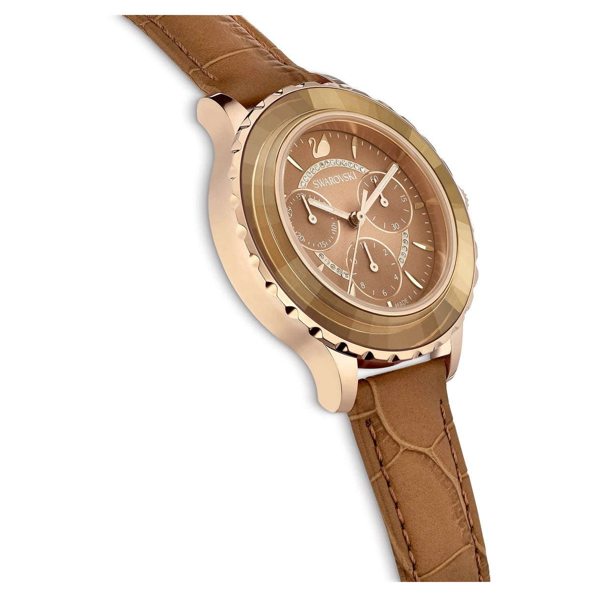 Swarovski Reloj Octea Lux Chrono, Correa de Cuero Marrón, Esfera Soleada en Tono Dorado y Detalles de Cristal, de la Colección Octea