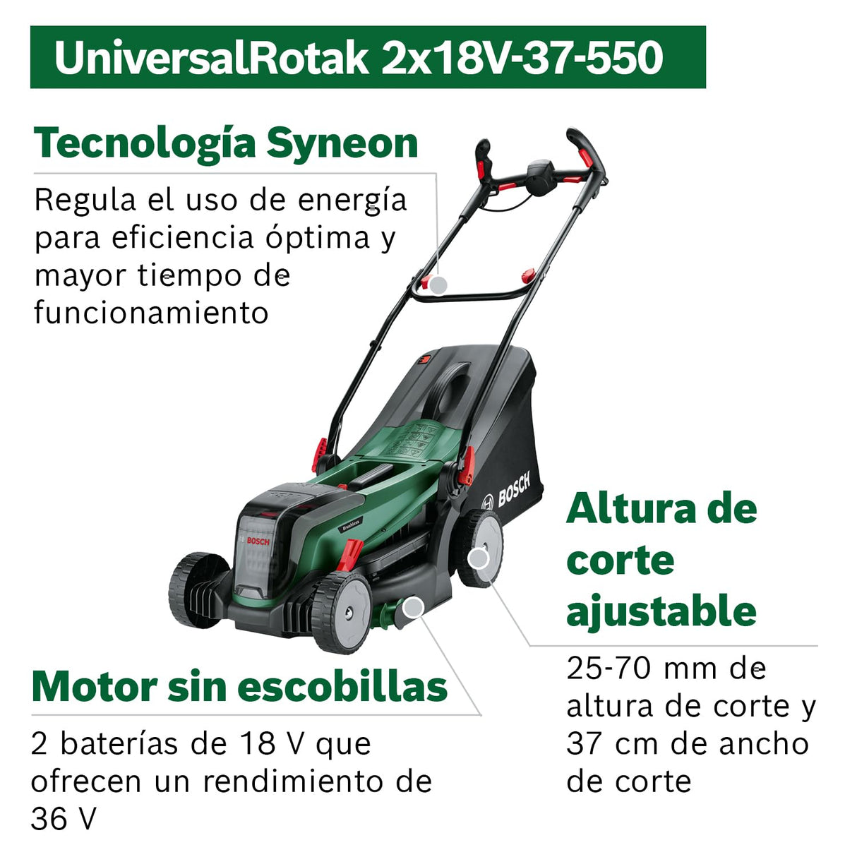 Bosch cortacésped con batería UniversalRotak 2x18V-37-550 (hasta 500 m2 con 2 baterías de 4 Ah; sistema de 18 voltios; anchura de corte: 37 cm; sin baterías)