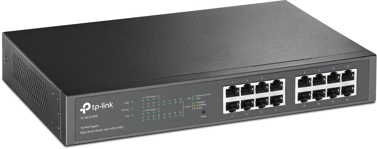TP-Link TL-SG1016PE Gigabit PoE Switch de 16 Puertos (Smart Smart Managed, 110W 8-PoE Puertos, Plus no Gestionado, Plug and Play, Escritorio, Montaje en Bastidor, Metal, Vida útil)