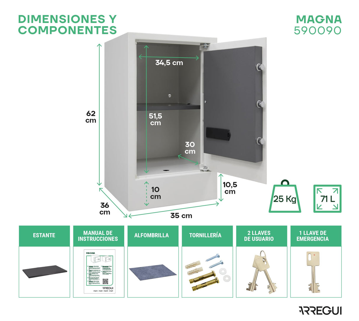 ARREGUI Magna 590090 Caja Fuerte con Cerradura de Doble Seguridad y Zócalo de 10 cm | Caja de Seguridad de Apertura con Codigo más Llave | Caja Fuerte Grande para Casa | 62x35x36 cm | 71 L