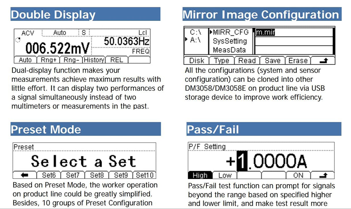 RIGOL DM3058E Multímetro digital,TRMS de 5½ dígitos,precisión DCV del 0,015%,velocidad de lectura de 123 rdgs/s,memoria de 2000 puntos, pantalla monocromática (256 x 64 píxeles), garantía de 3 años.