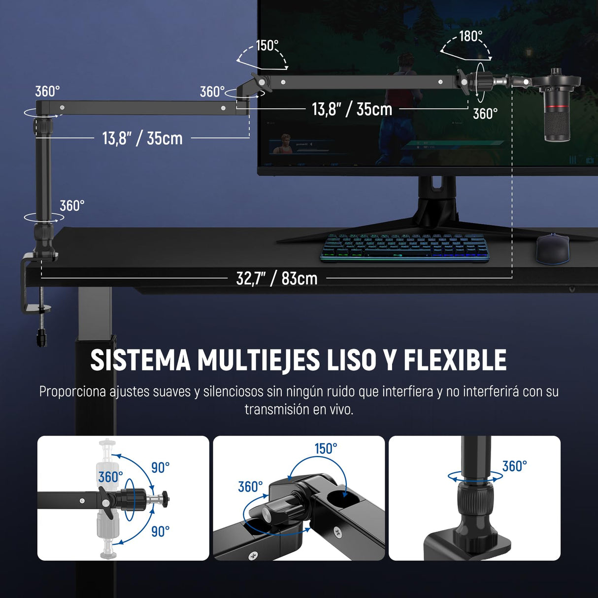 NEEWER Soporte Escritorio con Mic Brazo Perfil Bajo con Amortiguación, 360° Brazos Articulados Giratorios con Poste Elevado y Canales Gestión Cables para Micrófono, Podcast, Streaming, Zoom, MST002