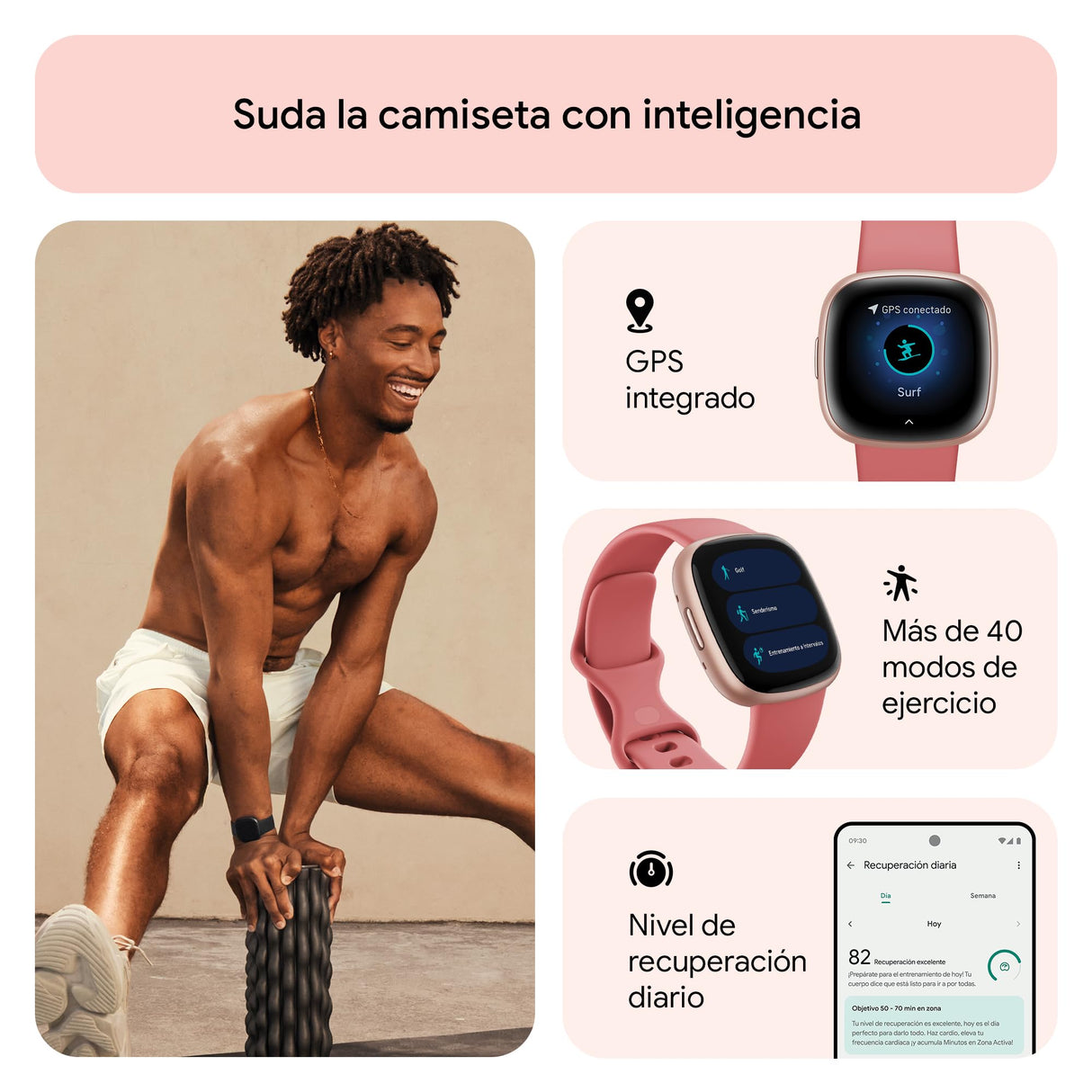 Fitbit Versa 4,Pink Sand/Copper Rose Smartwatch, Unisex-Adult, Rosa Arena/Aluminio Rosa cobrizo, One Size