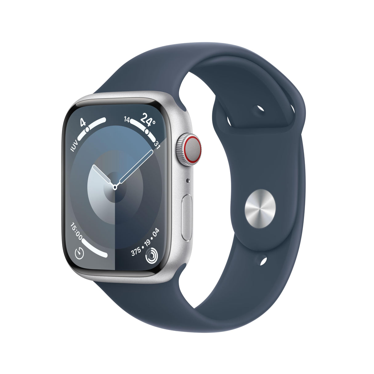 Apple Watch Series 9 [GPS + Cellular] Smartwatch con Caja de Aluminio en Plata de 45 mm y Correa Deportiva Azul tempestad - Talla S/M. Monitor de entreno, App Oxígeno en Sangre, Resistencia al Agua