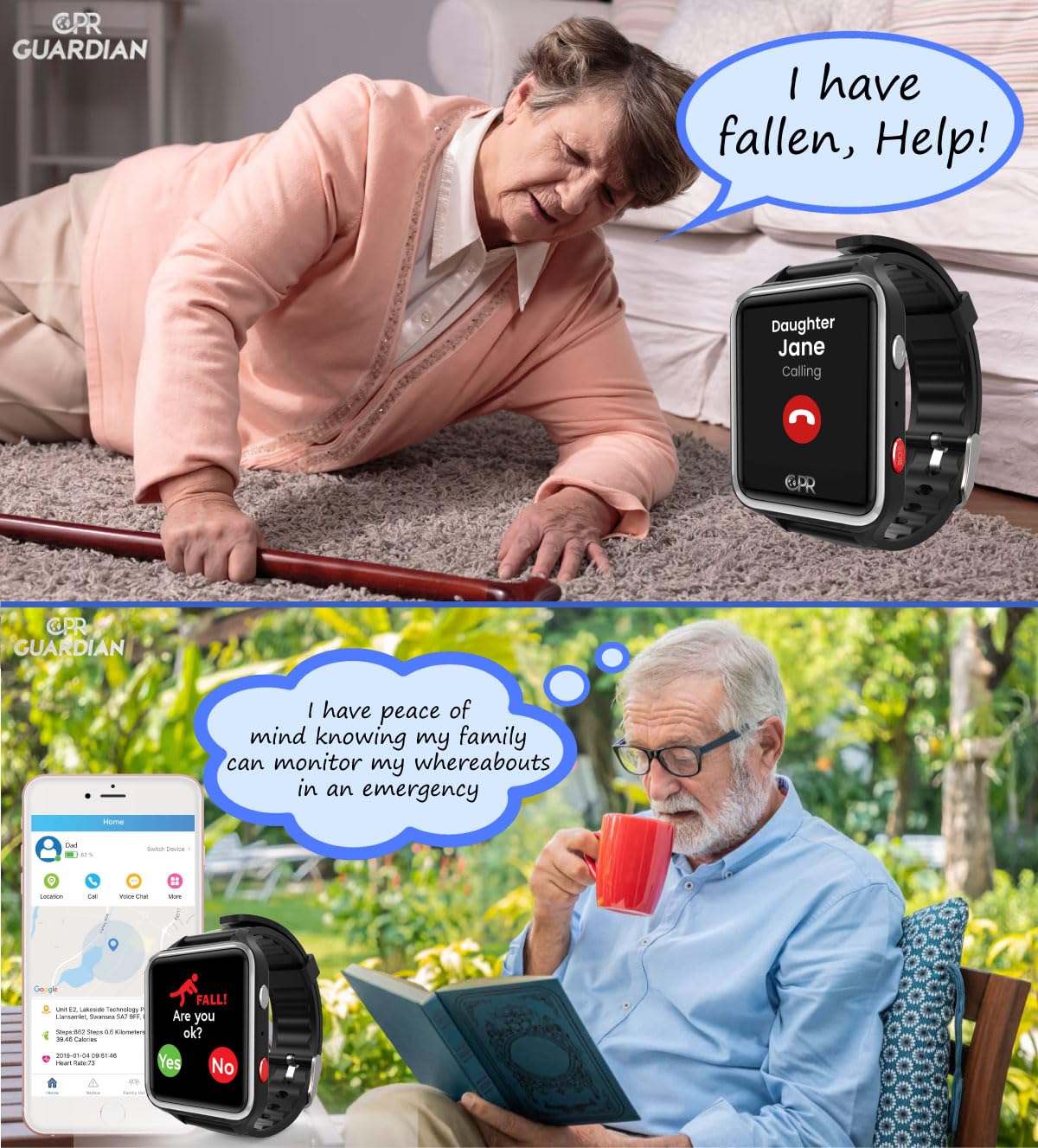 CPR Guardian III - Reloj de Alarma Personal SOS con detección de Alerta de caída y Seguimiento de ubicación por GPS (Negro)